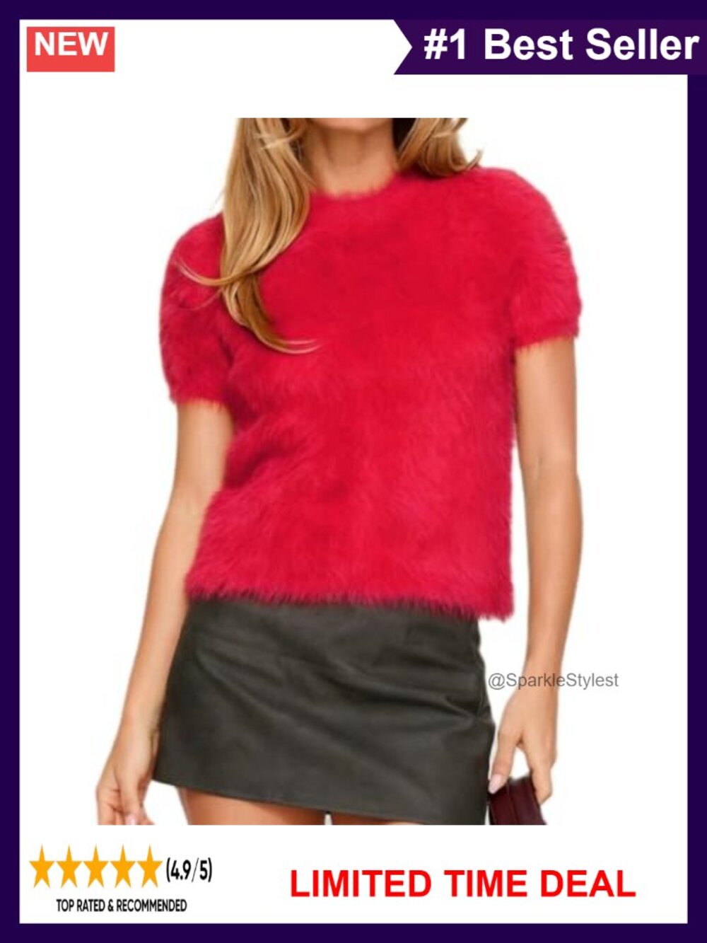 Womens Fuzzy Cropped Sweater Short Sleeve Crewneck Knit Pullover